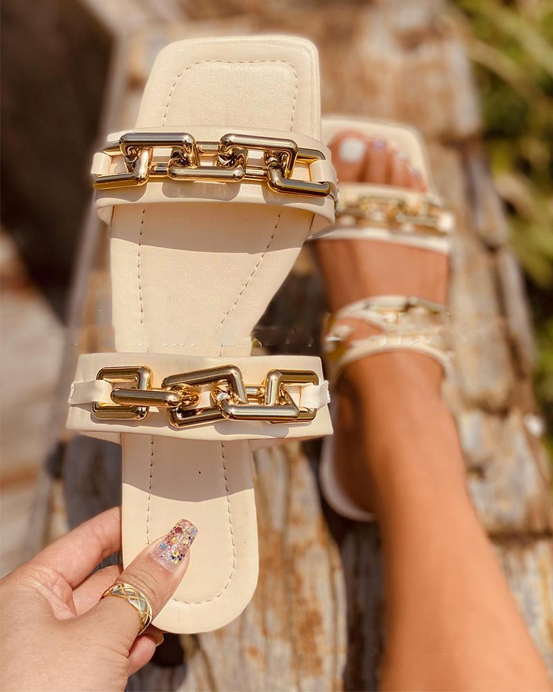 

Metallic Chain Patch Open-toe Flat Sandals, Beige