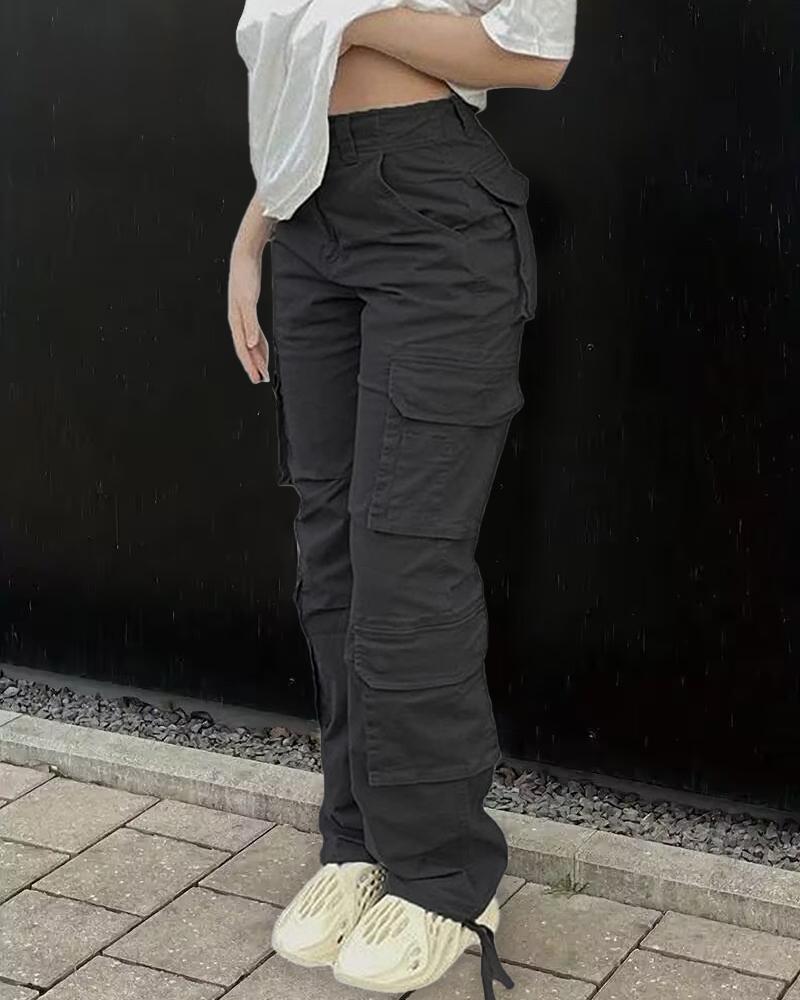 

Pocket Design High Waist Cargo Pants, Black