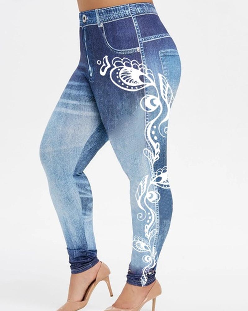 

Plus Size Floral Denim Look Print High Waist Leggings, Lighted blue