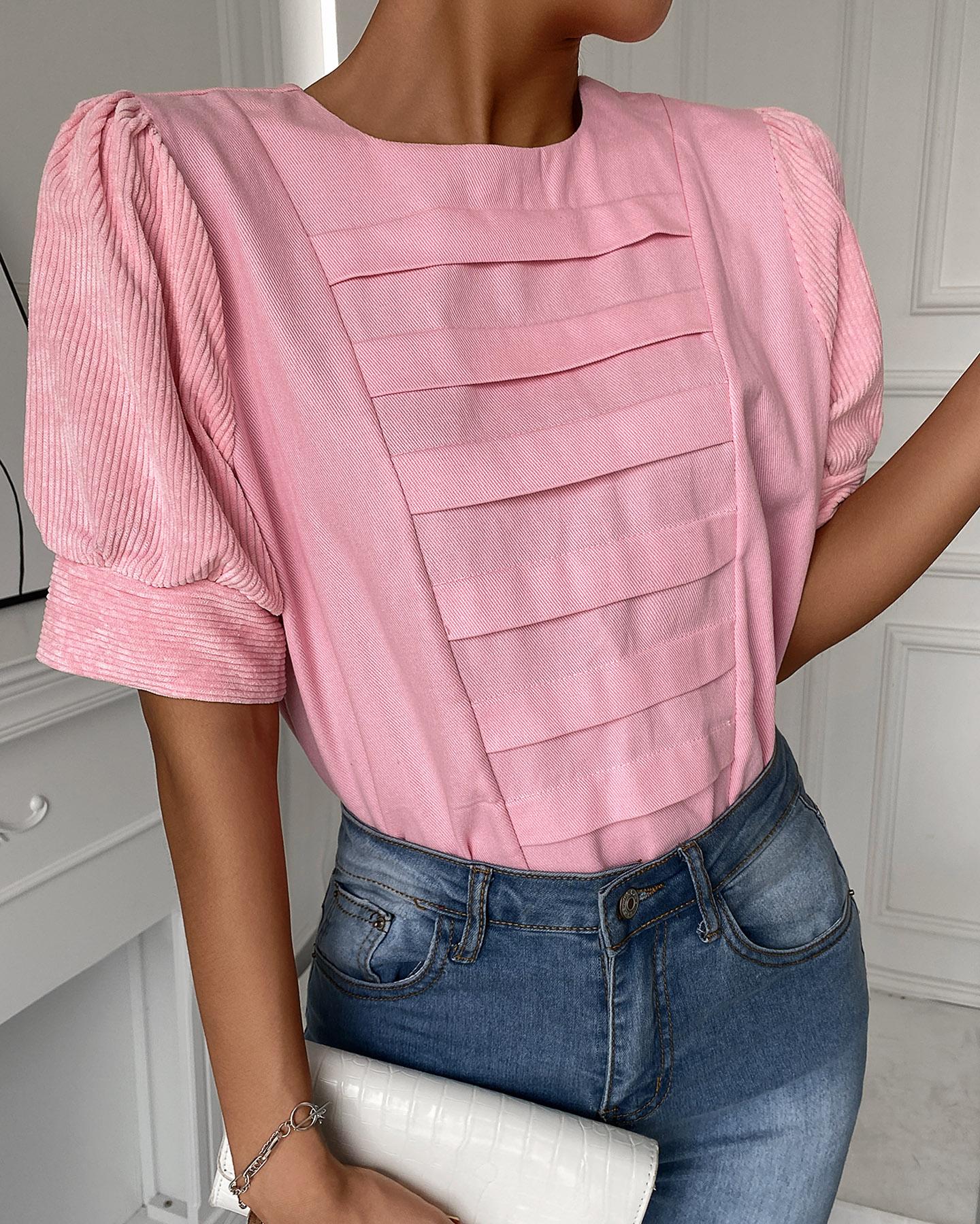 

Puff Sleeve Round Neck Zip Back Top, Pink
