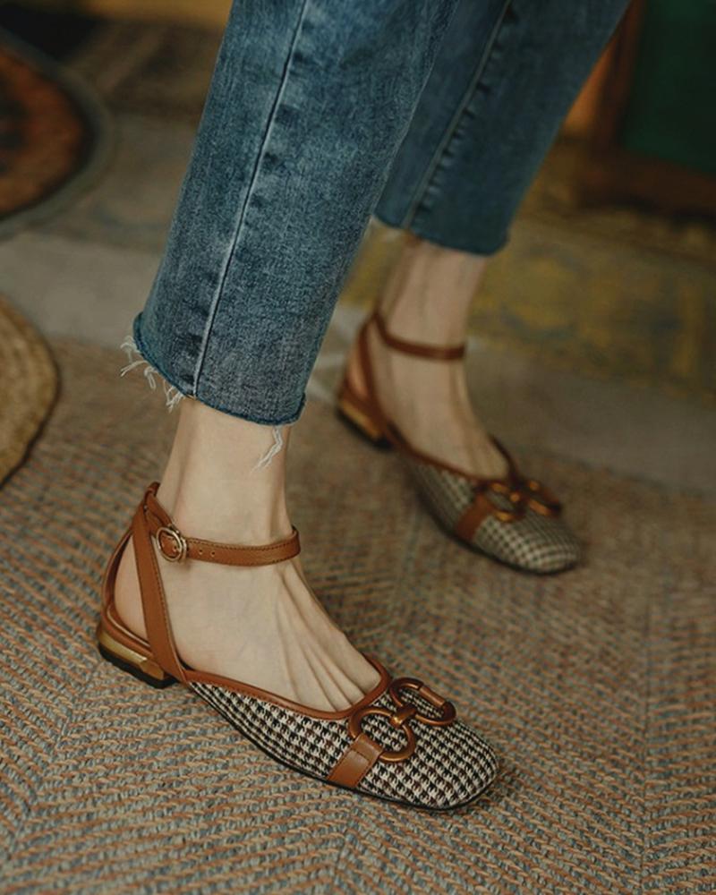 

Square-toe Houndstooth Print Splicing Chain Flat Shoes, Brown
