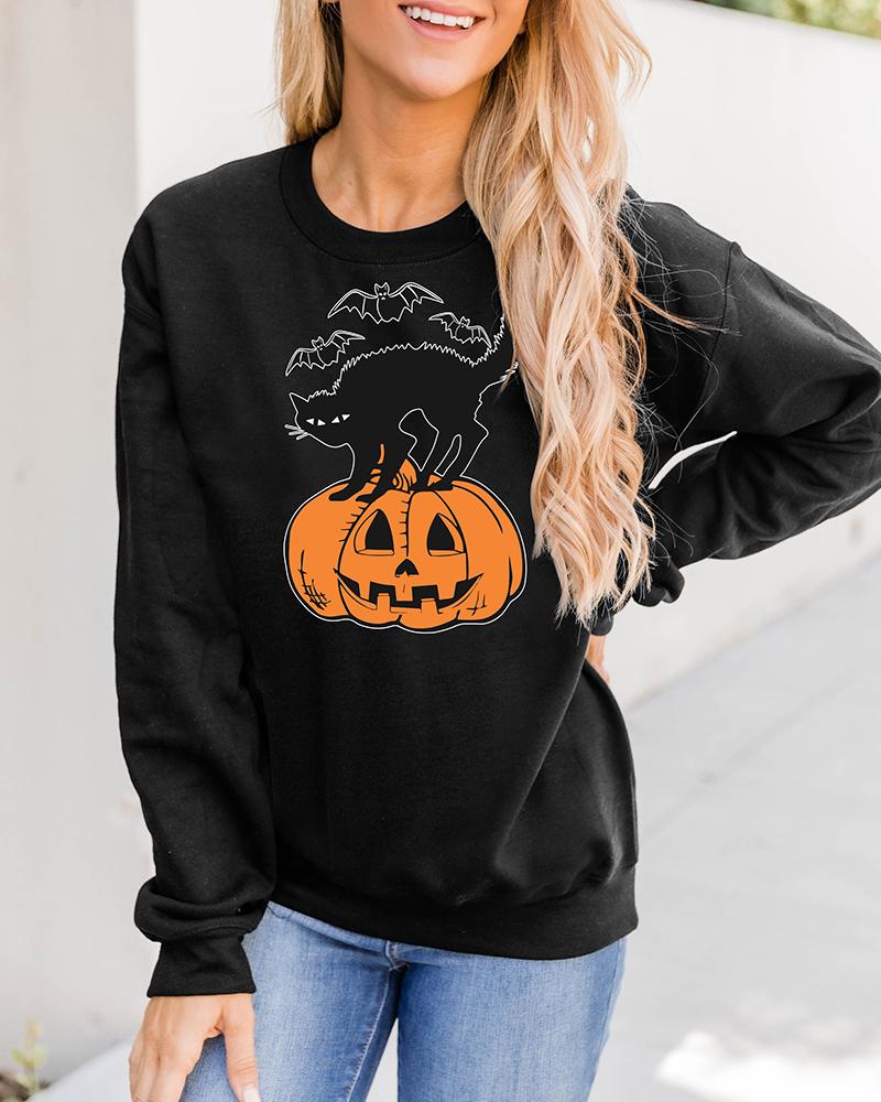 

Halloween Cat Pumpkin Bat Print O Neck Sweatshirt, Black