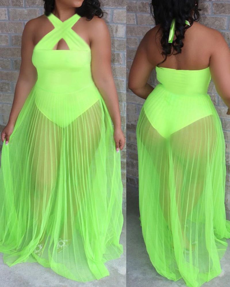 

Halter Sheer Mesh Ruched Maxi Dress, Lvs green