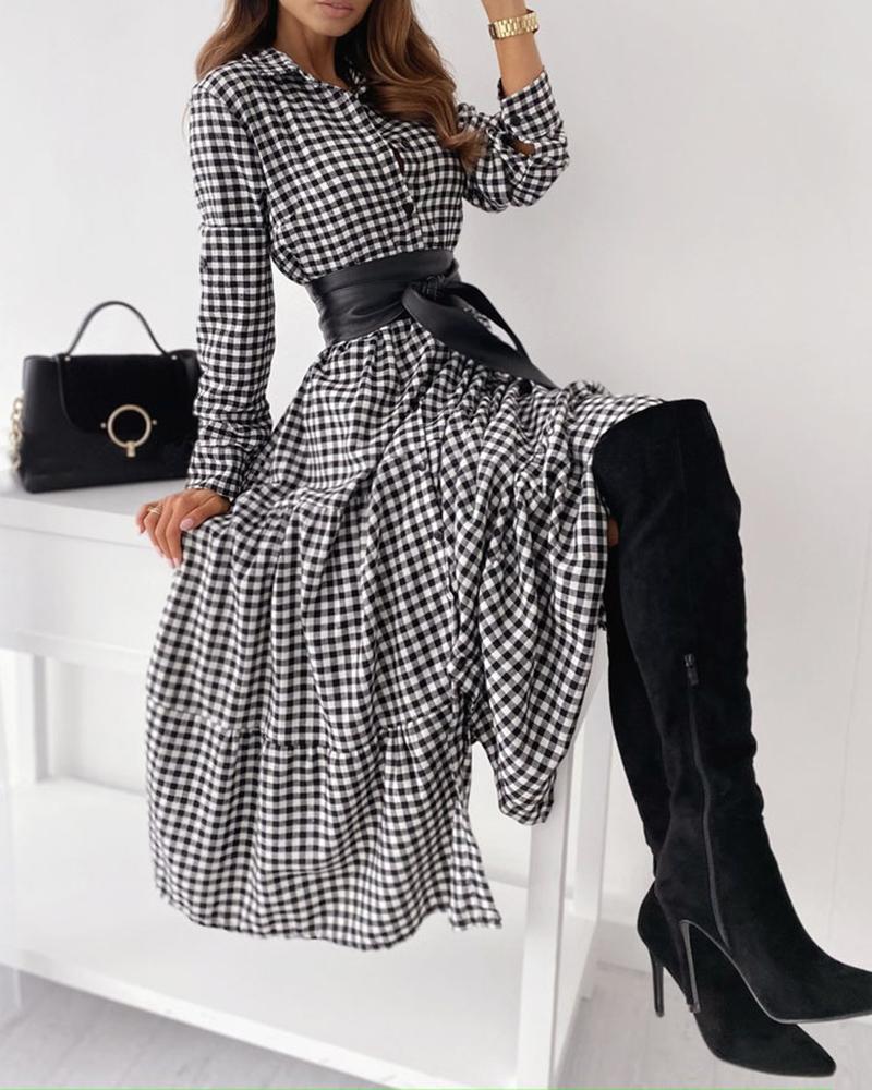 

Plaid Print Button Decor Long Sleeve Maxi Dress, Black