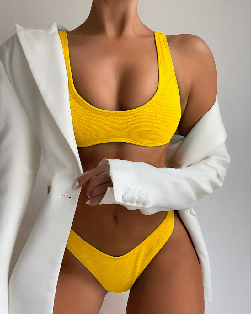 

U-Neck Sleeveless Textured Bikini Set, Yellow