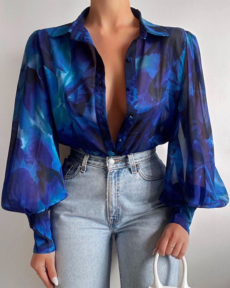 

Abstract Print Lantern Sleeve Button Down Shirt, Blue