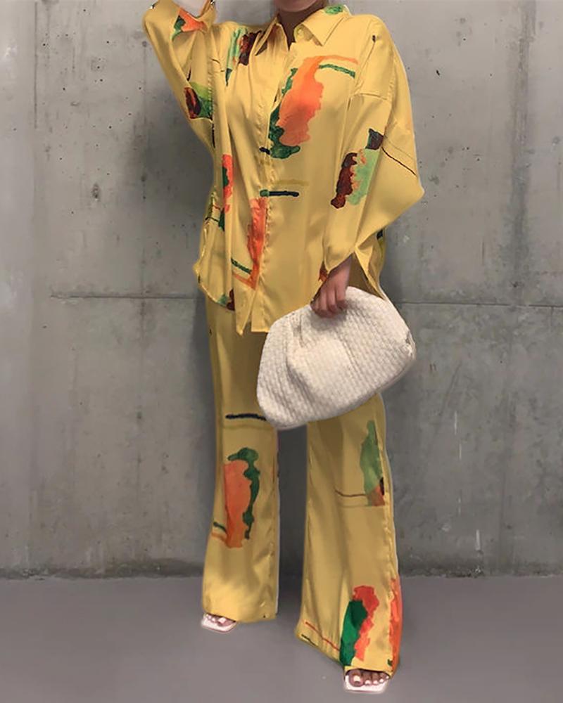 

Colorblock Buttoned Wide Leg Pajamas Set, Yellow