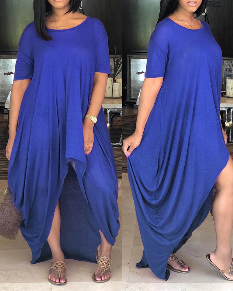 

Short Sleeve Ruched Asymmetrical Maxi Dress, Dark blue