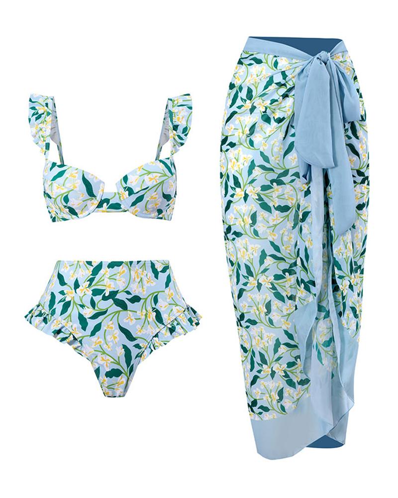 

3PCS Plants Print Ruffle Hem Bikini Set With Cover Up, Green
