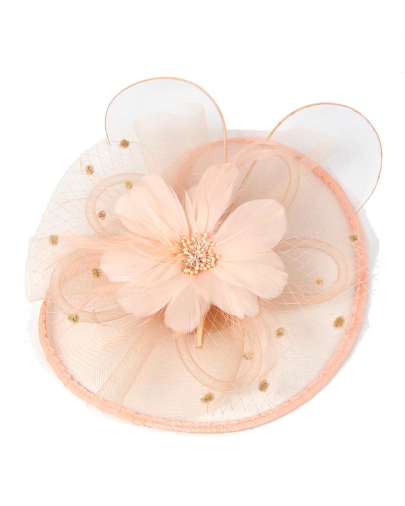 

Feather Fascinator Hat Sheer Mesh Hair Clip Hairpin Hats Bridal Wedding Cocktail Tea Party Headwear, Apricot