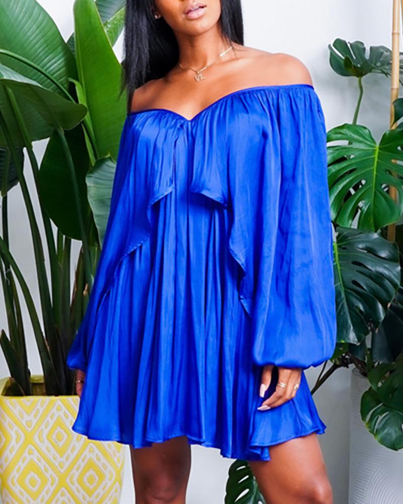 

Off Shoulder Lantern Sleeve Ruched Satin Dress, Dark blue