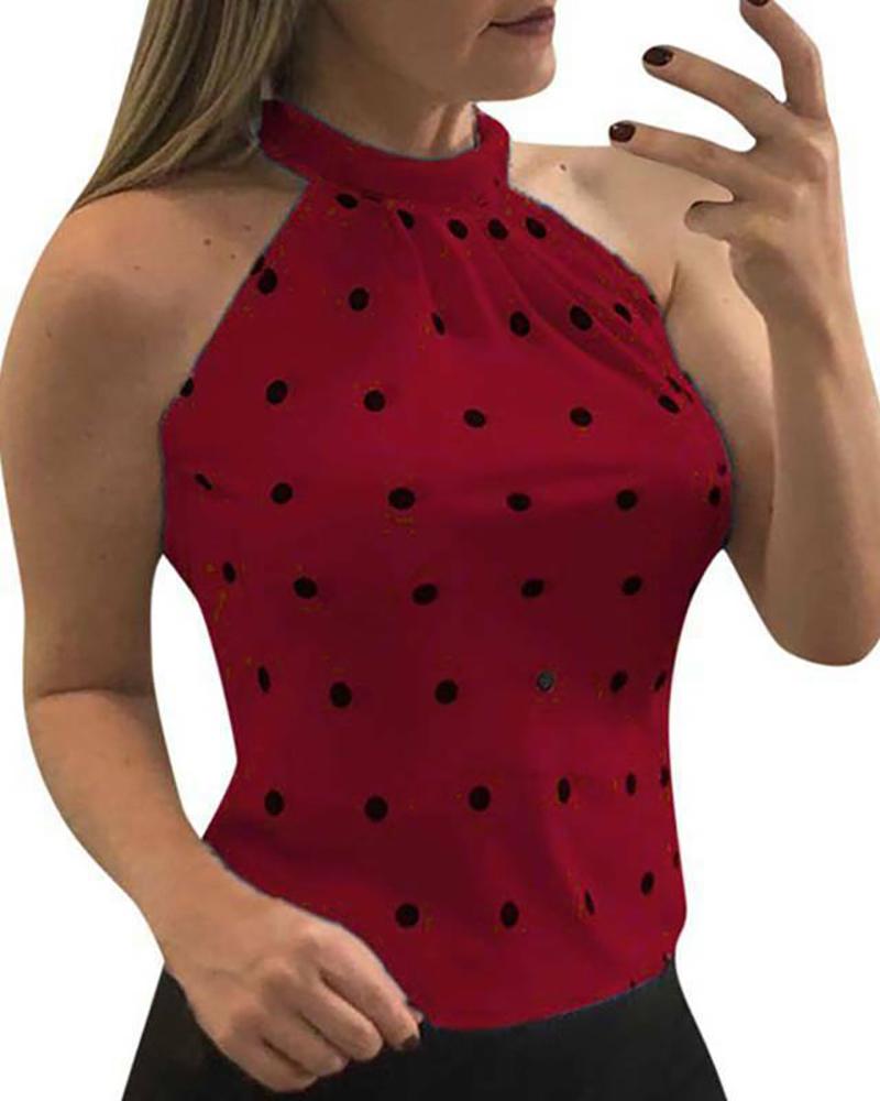 

Polkadot Print Halter Sleeveless Top, Red