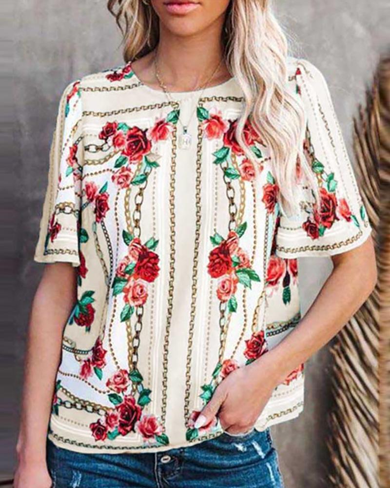 

Floral Chain Print Half Sleeve Casual Top, White