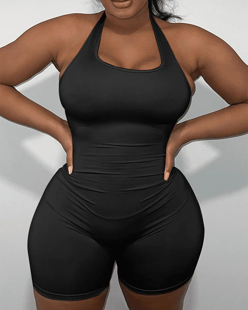 

Plus Size Plain Halter Backless Skinny Romper, Black
