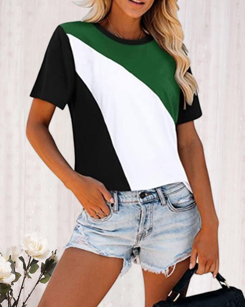 

Leopard Print Colorblock Short Sleeve T-Shirt, Green