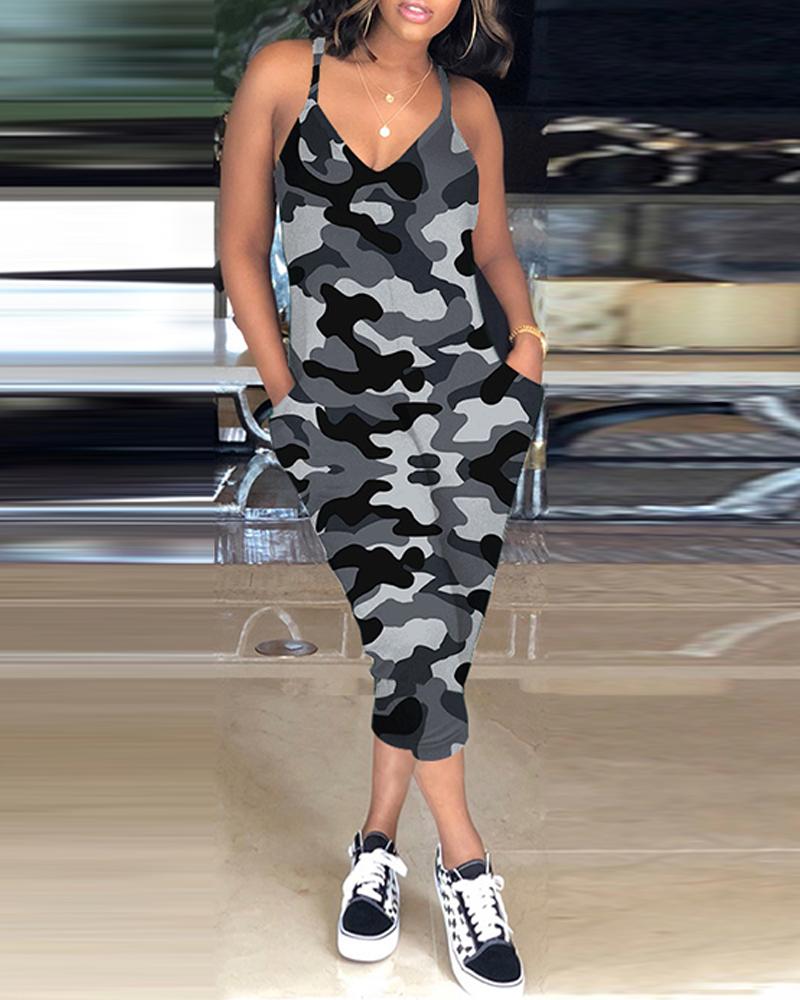 

Sling V-Neck Camouflage Baggy Jumpsuit, Gray