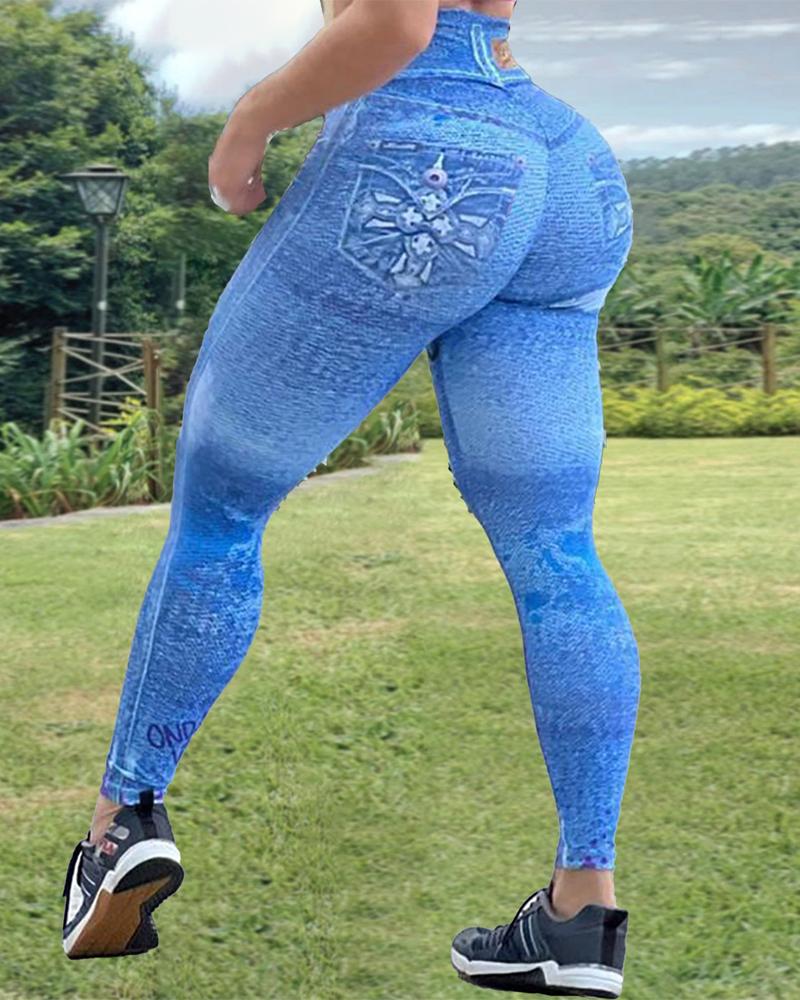 

Denim Look Print High Waist Butt Lift Leggings, Blue