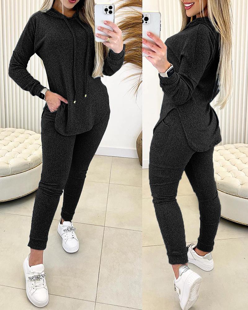 

Hooded Sweatshirt & Pocket Design Pants Set, Black