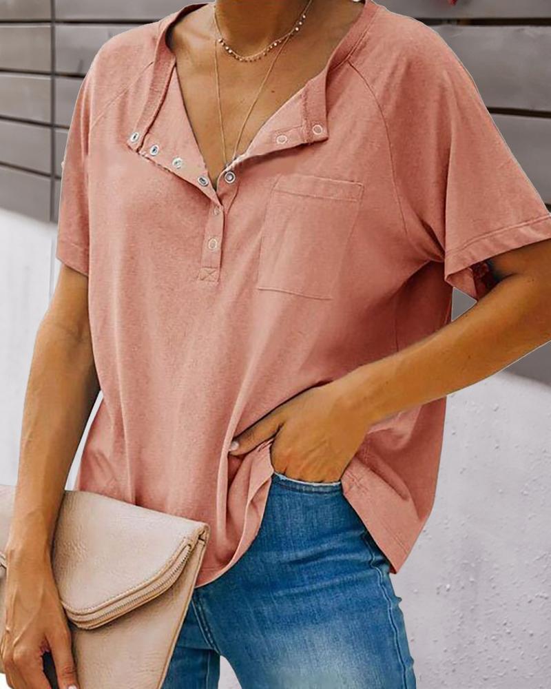 

Round Neck Plain Short Sleeve Button Pocket T-Shirt, Pink