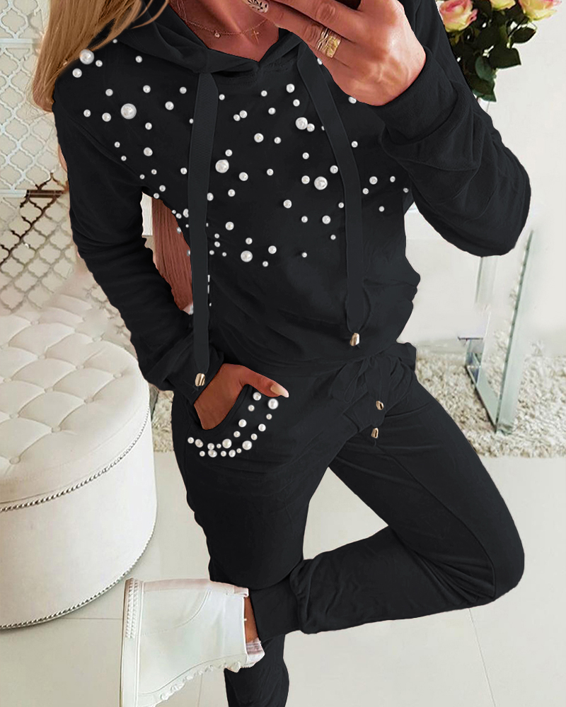 

Beaded Hooded Top & Drawstring Pants Set, Black