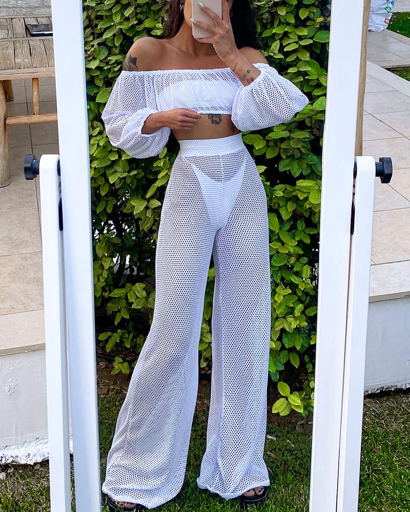 

Solid Color Fishnet Off Shoulder Long Sleeve Cropped Top With Pants Suit Sets, White