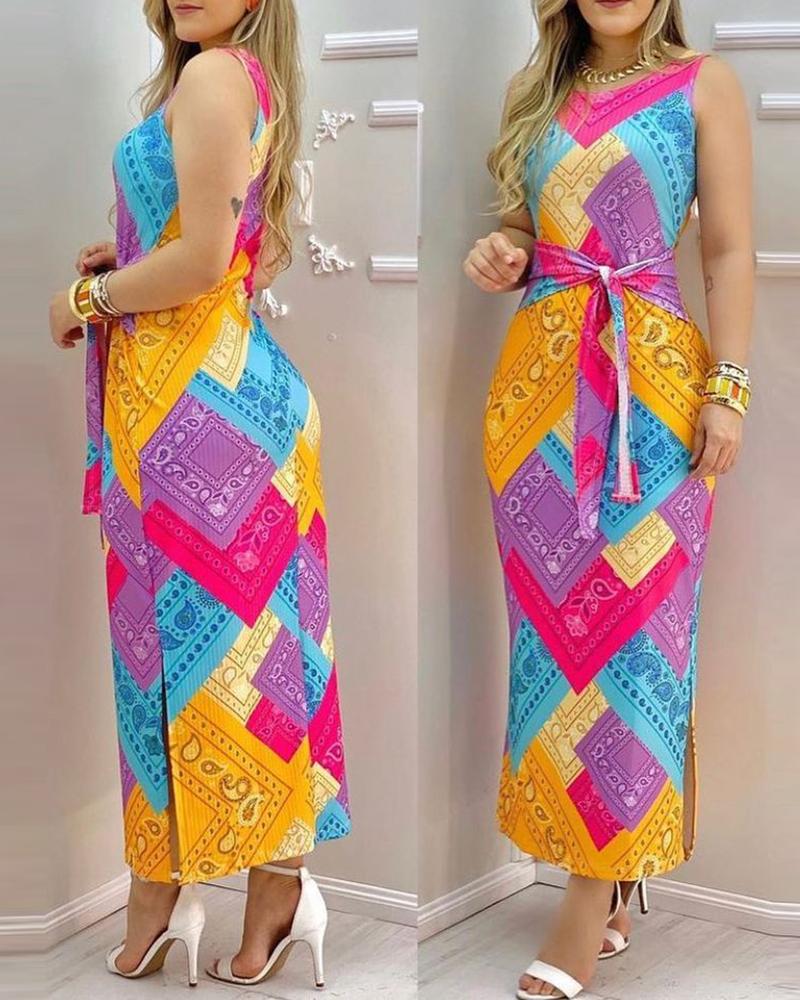 

Paisley Print Colorblock Slit Tank Dress, Multicolor