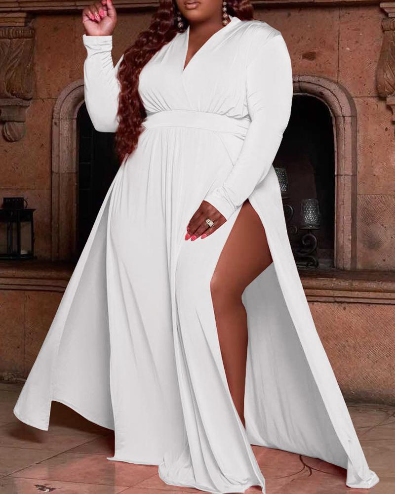 

Plus Size Long Sleeve High Slit Wrap Maxi Dress, White