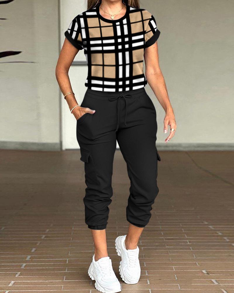 

Plaid Print Top & Drawstring Pocket Design Pants Set, Khaki