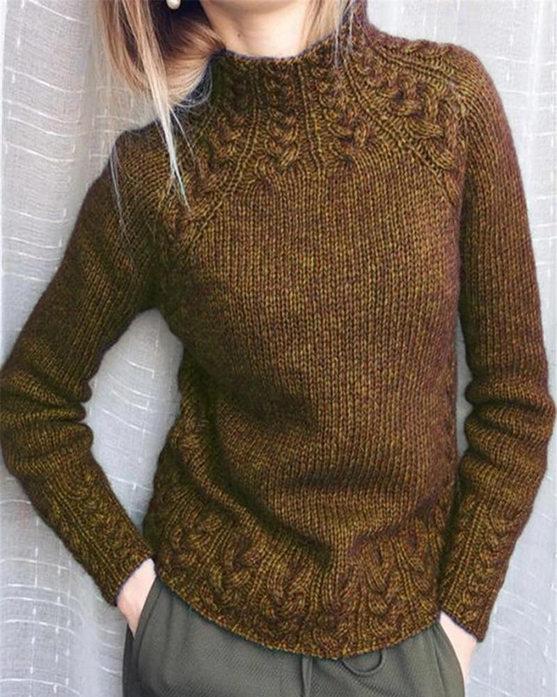 

Long Sleeve Mock Neck Casual Braided Sweater, Khaki
