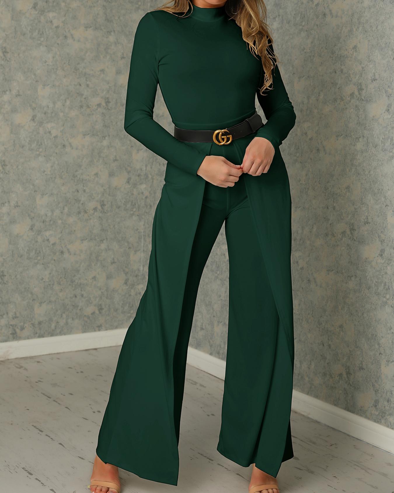 

Women High Neck Wide Leg Jumpsuit, Dark green