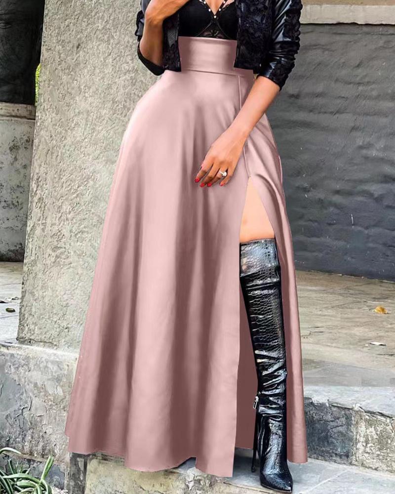 

PU Leather High Slit Pocket Design Skirt, Pink