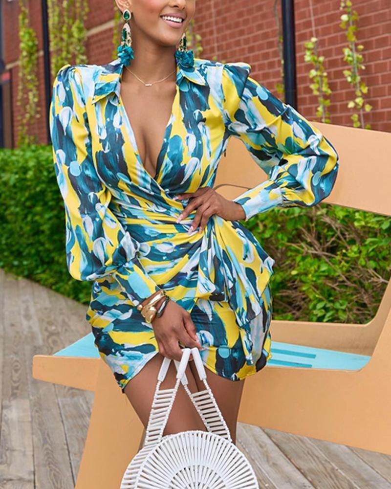 

Abstract Print Plunge Tied Detail Shirt Dress, Green