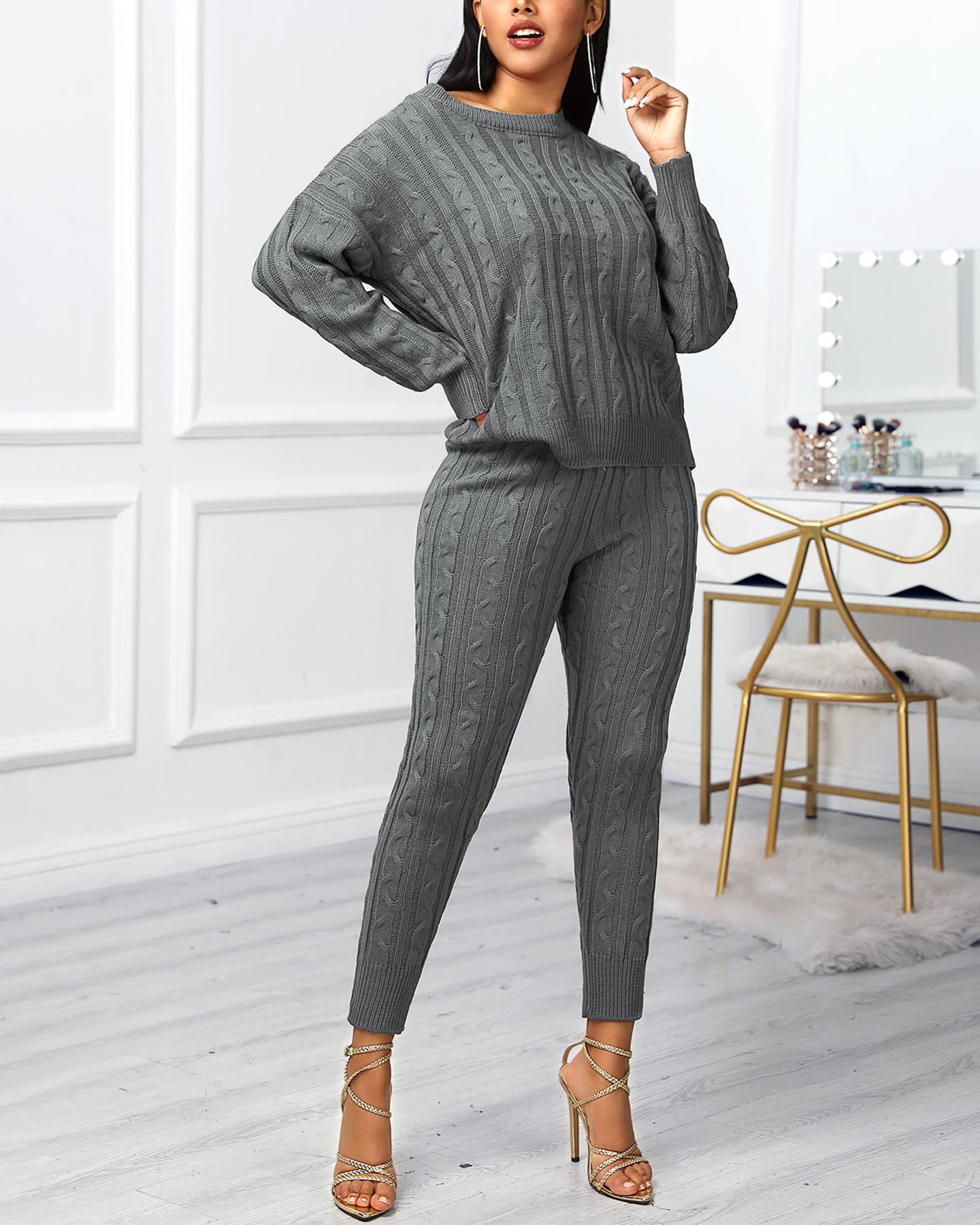 

Solid Ribbed Knitting Casual Sweater & Pants Sets, Gray