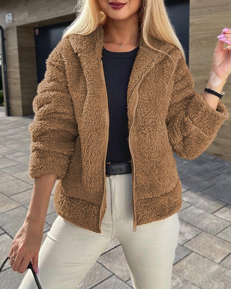 

Pocket Design Thermal Hooded Teddy Coat, Khaki