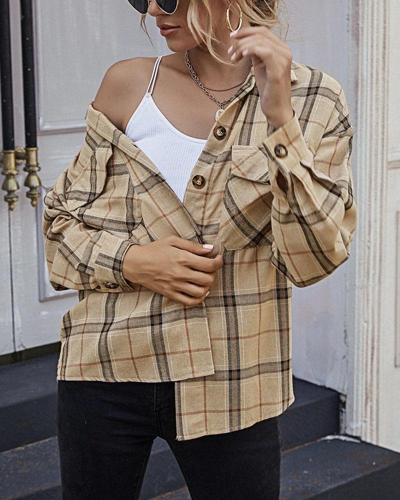

Plaid Print Flap Detail Button Down Shacket, Khaki