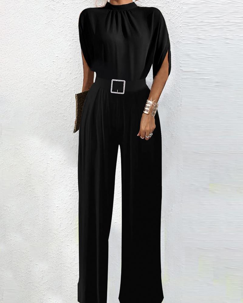 

Half Sleeve Ruched Top & Wide Leg Pants Set, Black