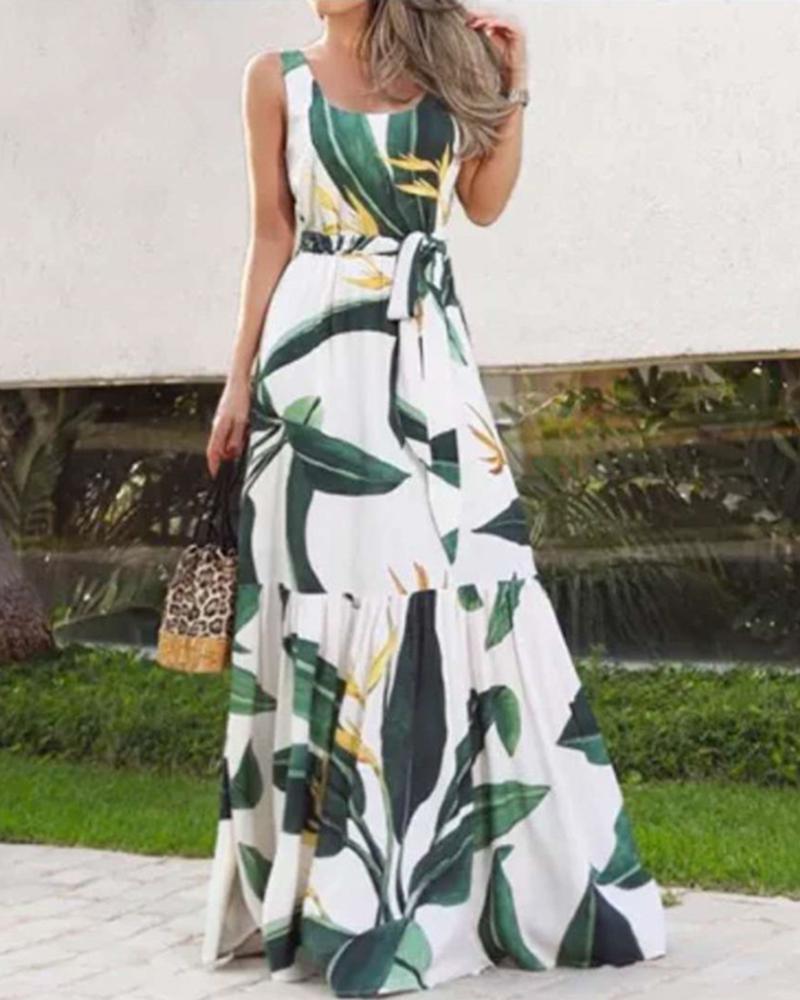 

Palm Leaf Print Sleeveless Maxi Dress, White