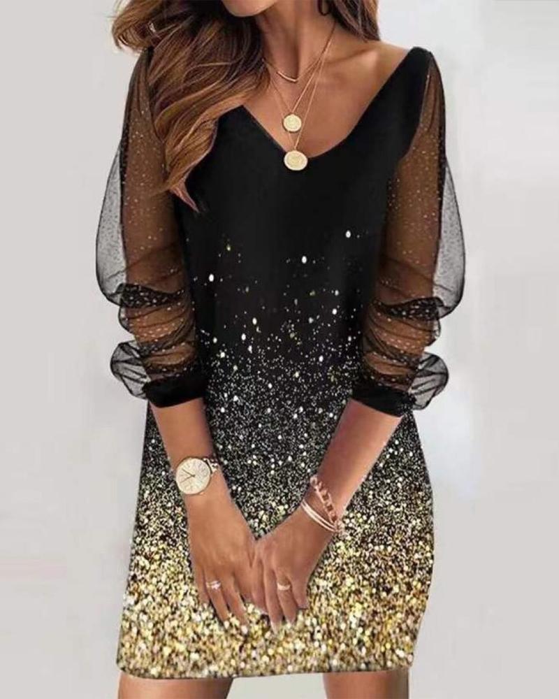

Print Sheer Mesh Long Sleeve Casual Dress, Black