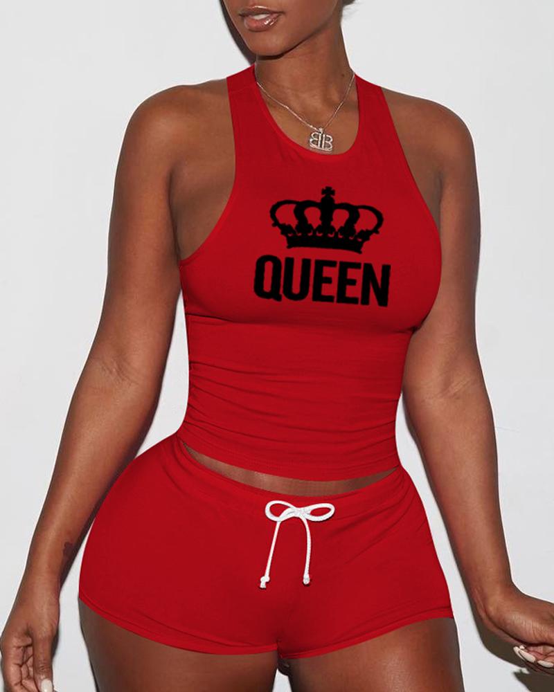 

Letter Crown Print Drawstring Active Set, Red
