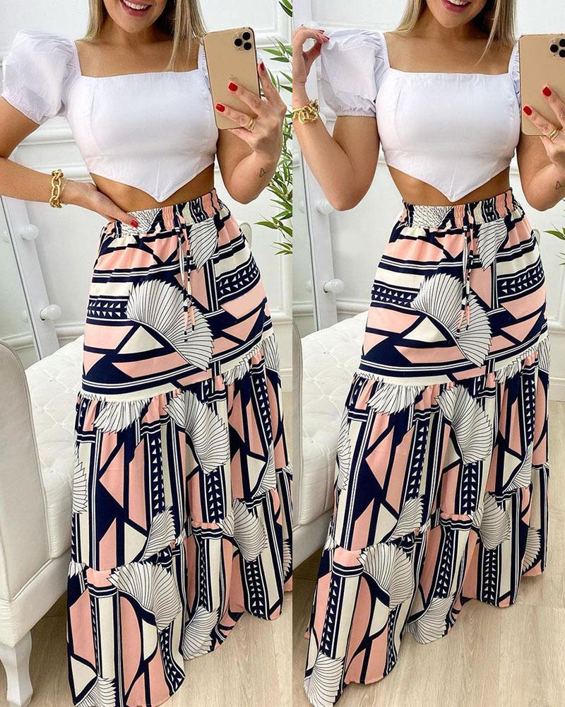 

Puff Sleeve Crop Top & All Over Print Maxi Skirt Sets, Multicolor