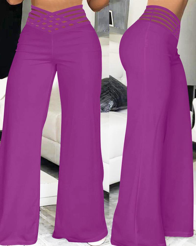 

Crisscross Sheer Mesh Patch High Waist Pants, Purple