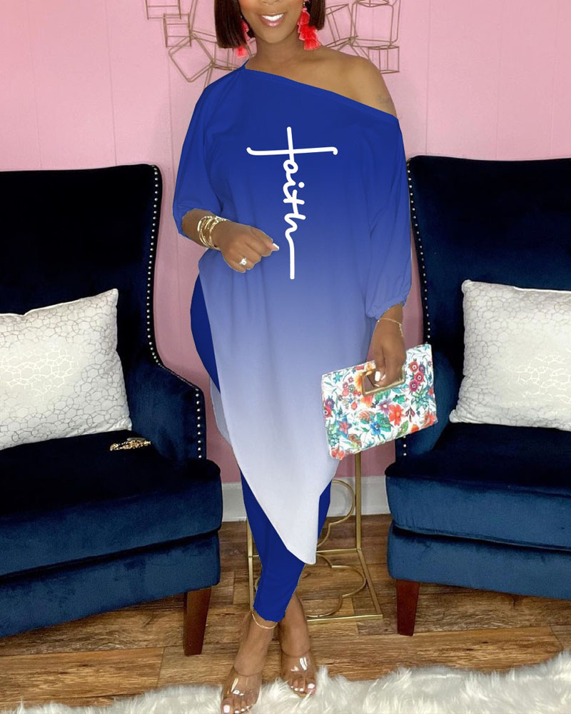 

Ombre Letter Print Asymmetrical Top & Pants Set, Blue