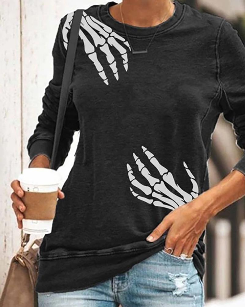 

Halloween Skull Palm Print Long Sleeve Casual Sweatshirt, Black