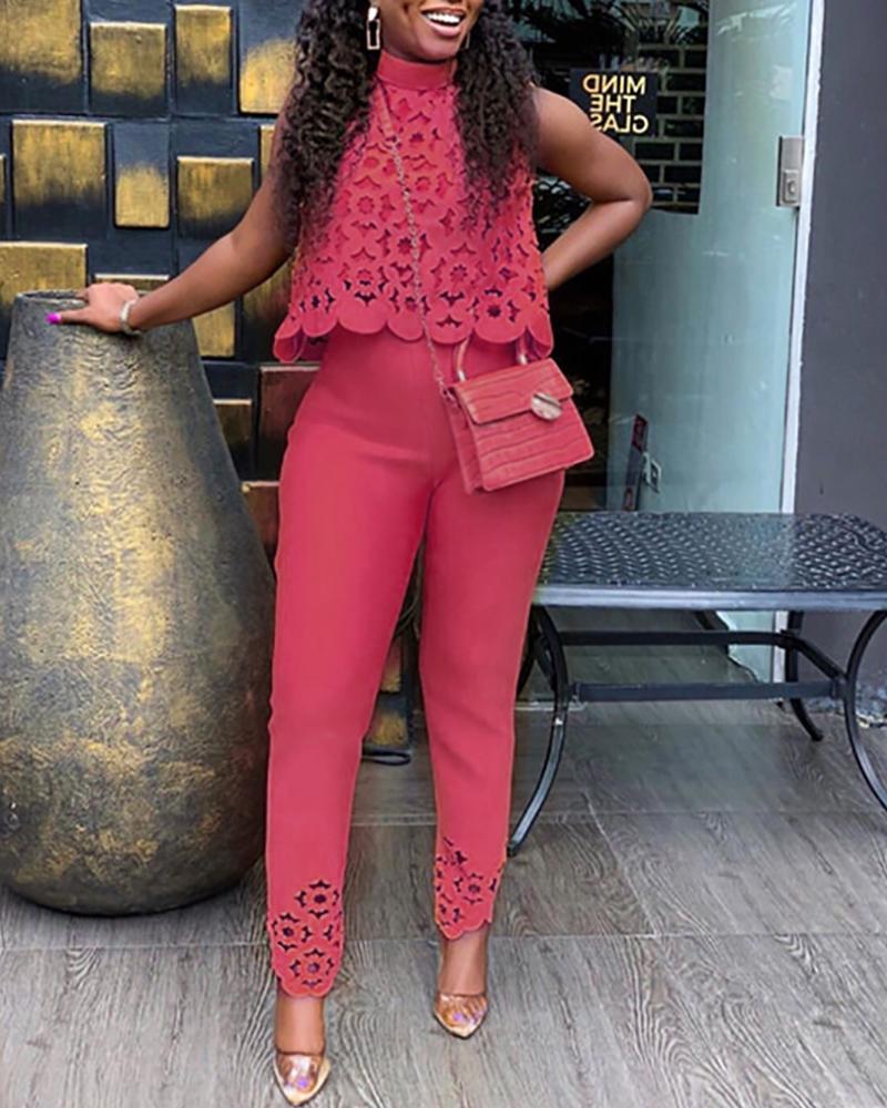 

Hollow-out Sleeveless Casual Top & Pants Set, Wine red