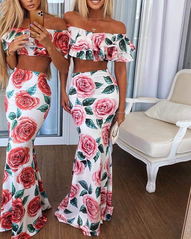 

Floral Print Off Shoulder Ruffles Crop Top & Mermaid Skirt Set, Pink