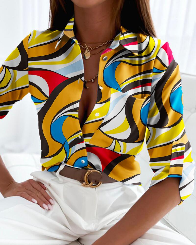 

Abstract Print Roll Tab Sleeve Button Down Shirt, Yellow