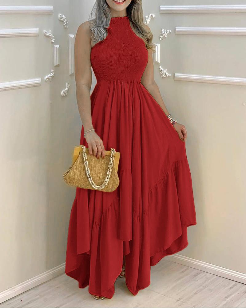 

Plain Sleeveless Ruched Maxi Dress, Red