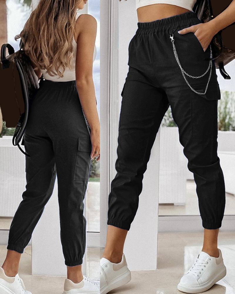 

Chain Decor Cuffed Casual Pants, Black