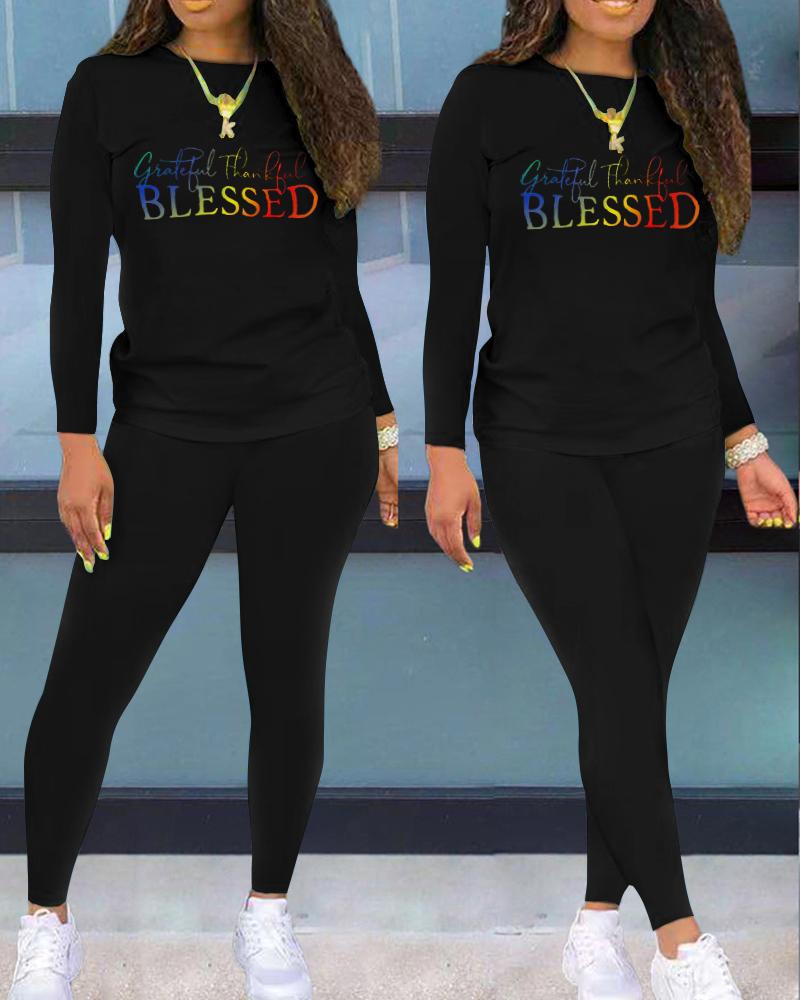 

Letter Print Long Sleeve Casual Top & Pants Set, Black