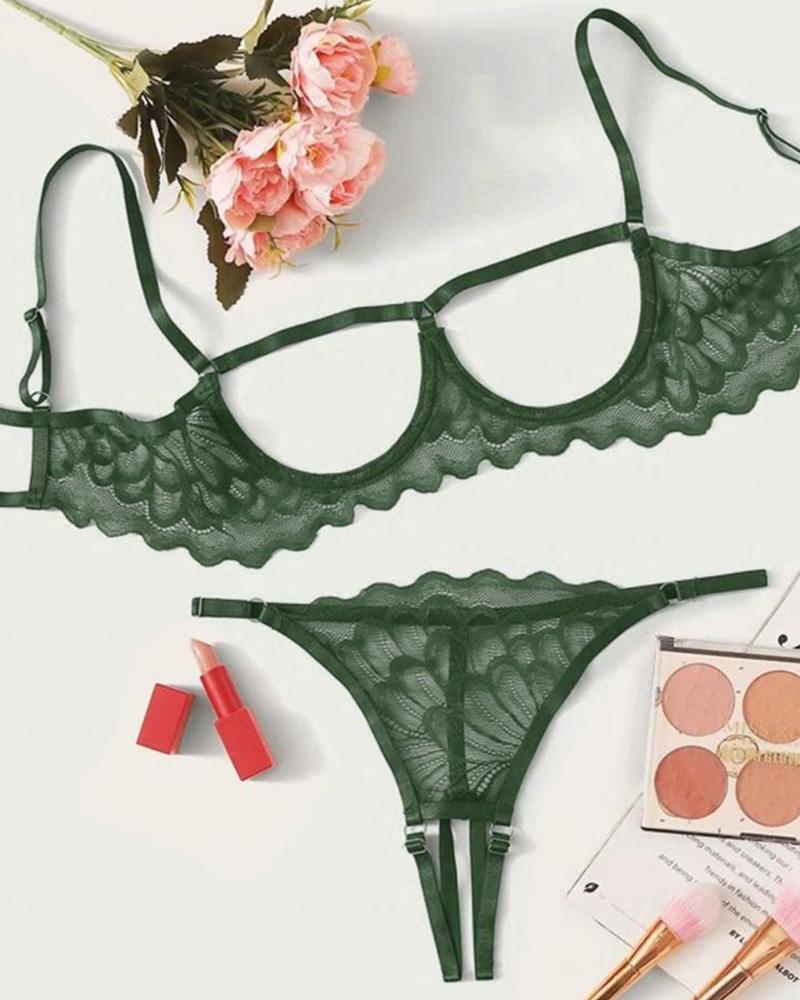 

Crochet Lace Cutout Open Breast Crotchless Lingerie Set, Dark green
